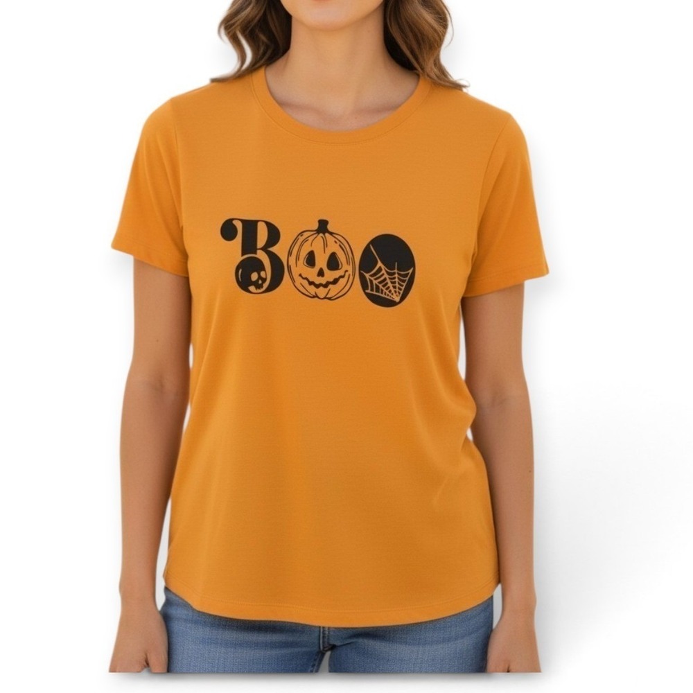 Mighty Fine Halloween Boo Graphic Tee Orange Small Pumpkin Skull Spiderweb
